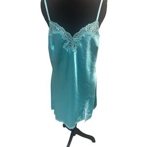 Victoria's Secret Satin Lace Trim Slip Dress Turquoise Blue Chemise Nightie M